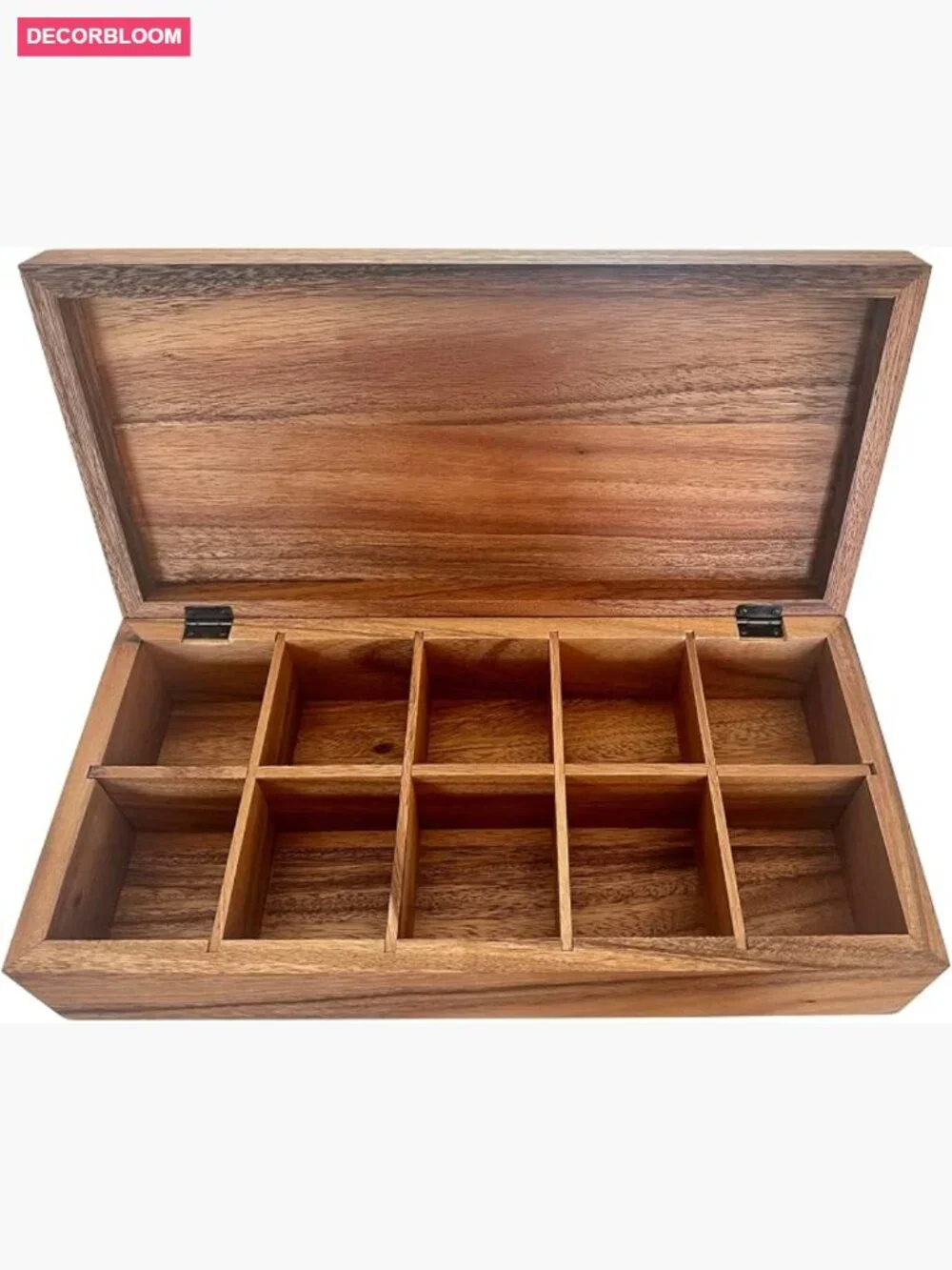 Extra Large Wooden Tea Box, 10 Compartment Acacia Chest